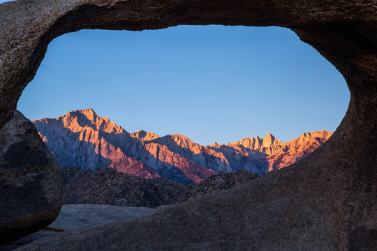 Alpenglow sunrise on the Range of Light Eastern Sierra Mountains and Mt Whitney.