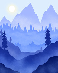 Winter mountains landscape purple blue palette,flat illustration,tree forest cold day