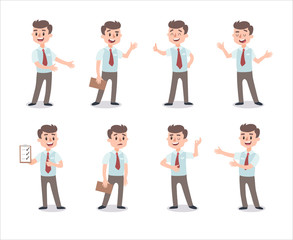 Businessman character set. Animate character. Male personage constructor. Different man postures. Vector set personage.