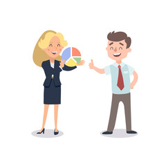 Man and woman present a project. Vector illustration with cartoon characters. Team building. Leadership. Management. Successful team.