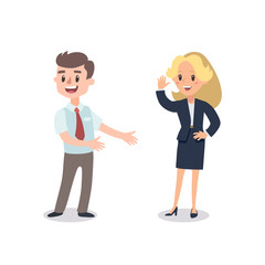 Man and woman present a project. Vector illustration with cartoon characters. Team building. Leadership. Management. Successful team.