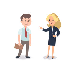 Man and woman present a project. Vector illustration with cartoon characters. Team building. Leadership. Management. Successful team.