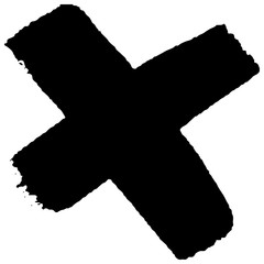 A black cross is hand-drawn on a white background. Paint strokes with a dry brush