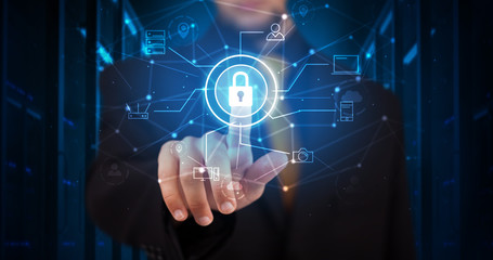 Man touching hologram projection displaying cloud system