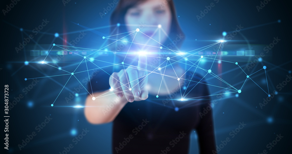 Poster woman touching hologram screen displaying modern web system