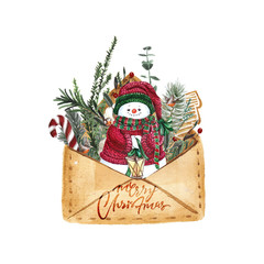 Bright watercolor Merry Christmas card with elements of a Christmas mood and traditional decor. Handdrawn illustration with lettering. Envelope with gifts.