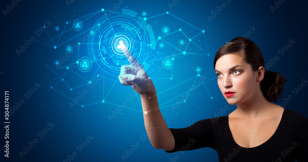 Poster woman touching hologram screen displaying keys and locks