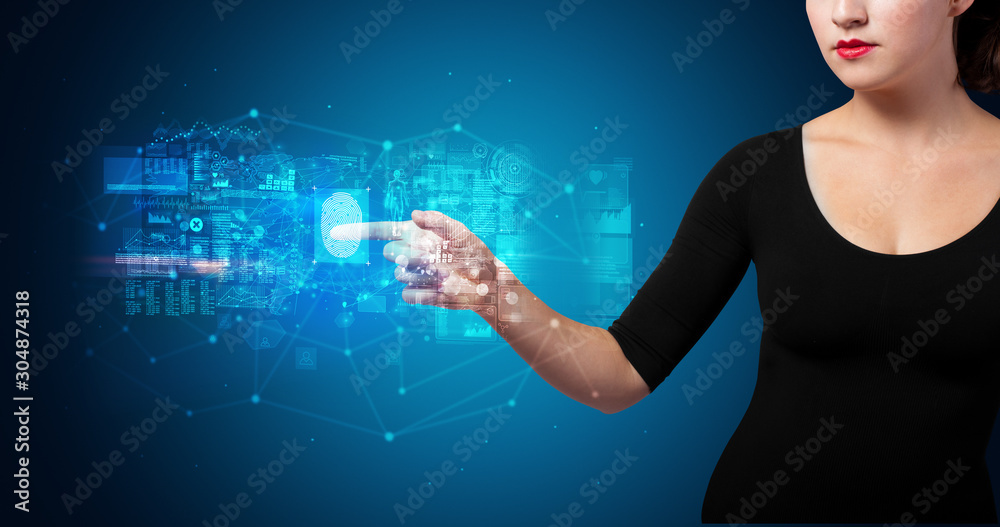 Poster woman accessing modern hologram personal database with fingerprint identification