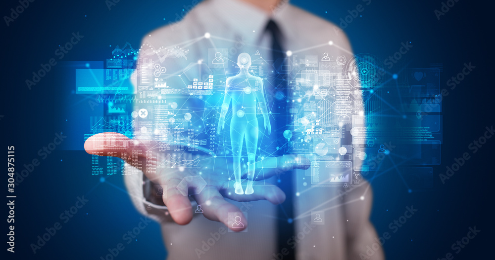 Aufkleber young person holding hologram projection displaying health related graphs and symbols