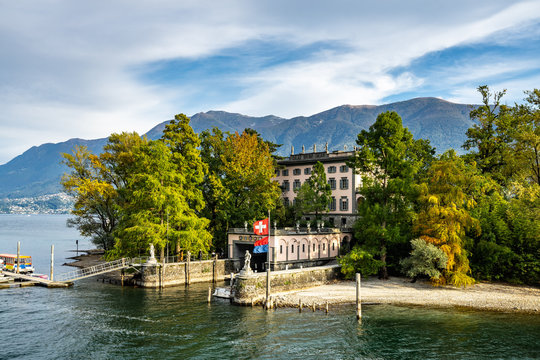 View of Brissago Islands and the luxury hotel Villa Emden, Canton Ticino, Switzerland