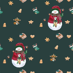 Christmas socks, gingerbread cookies, christmas tree branches,snowman, cinnamon, candy cane, lantern. Seamless pattern. Watercolor hand drawn background.