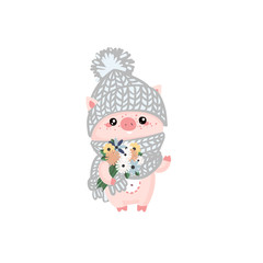 Christmas pinky piggy with a hat. New Year, symbol of the year, 2019, postcard, invitation . Chinese New Year symbol
