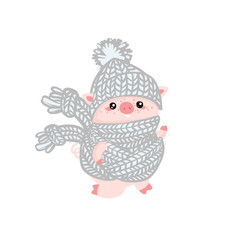 Christmas pinky piggy with a hat. New Year, symbol of the year, 2019, postcard, invitation . Chinese New Year symbol