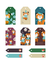 Set of labels with funny deers with hat and scarf and christmas tree. Vector tag illustration...