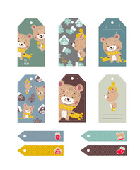 Set of labels with funny deers with hat and scarf and christmas tree. Vector tag illustration.