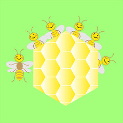 kawaii style bees with honeycomb on green background for fabric and Wallpaper