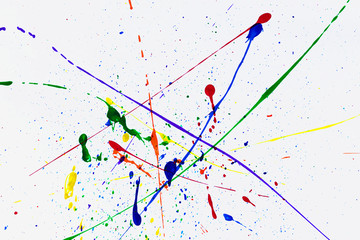 Abstract blue green purple orange red and yellow watercolor splashing art work on white paper background textures. intersperse rainbow color hand drawn pattern