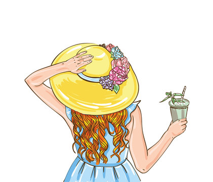Horse racing competition. Vector illustration. Derby. Woman with cocktail in hat.
