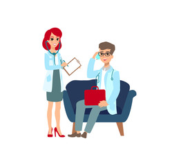 Attractive doctor . Couple of medics. Funny character design. Cartoon illustration. Healthcare concept creator. Pair of medic personage.