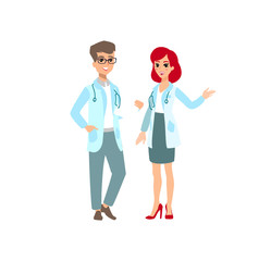 Attractive doctor . Couple of medics. Funny character design. Cartoon illustration. Healthcare concept creator. Pair of medic personage.