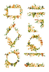 Set of hand-painted watercolor floral wreath on white background.Wreath, floral frame, watercolor flowers, peonies and roses, Illustration hand painted. Isolated on white background.