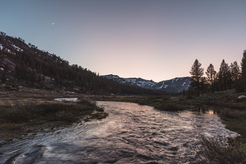 Sunset over Tioga Creek on Tioga Pass in Yosemite Valley, California