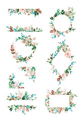 Set of hand-painted watercolor floral wreath on white background.Wreath, floral frame, watercolor flowers, peonies and roses, Illustration hand painted. Isolated on white background.