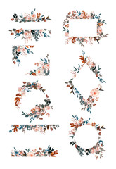 Set of hand-painted watercolor floral wreath on white background.Wreath, floral frame, watercolor flowers, peonies and roses, Illustration hand painted. Isolated on white background.