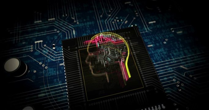 Artificial Intelligence futuristic hologram 3D rendering animation. Dynamic concept of cyber technology, machine learning and cybernetic brain digital background. Abstract flying inside cyberspace.