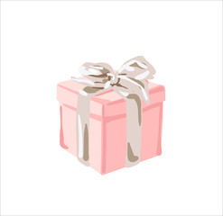 Valentine gift box with red ribbon and bow on pink background. Vector illustration