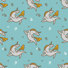 Cute illustration for childrens textile. Seamless pattern. Soft colors. White unicorns.
