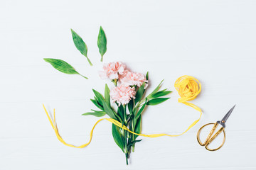 Flat lay composition process of making bouquet