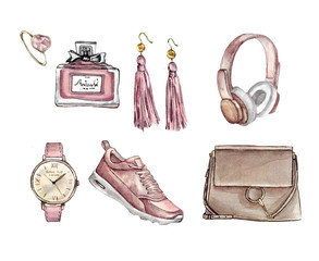 Watercolor Fashion. Set of trendy accessories. Bag, earrings, watches, sneakers, perfume,ring. Hand drawn illustration. - Illustration