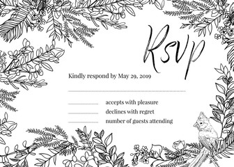 Vintage wedding set with greenery. Wedding invitation, save the date, reception card. Vector illustration. Wreath with leaves and twigs. Engraving style. Black and white.