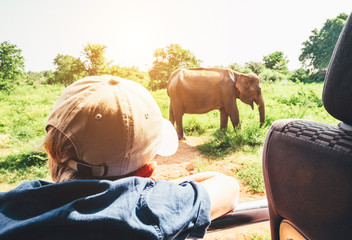 Little tourist boy looking at elephant calf and enjoying his jeep safari activities at  National Nature Park Udawalawe in Sri Lanka © Soloviova Liudmyla