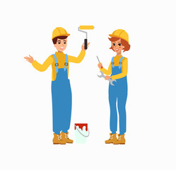 Construction female and male worker character vector design. Animate personage. Fun cartoon person. Isolated on white background.