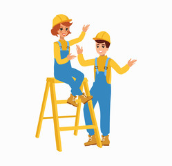 Construction female and male worker character vector design. Animate personage. Fun cartoon person. Isolated on white background.