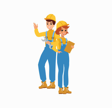 Construction Female And Male Worker Character Vector Design. Animate Personage. Fun Cartoon Person. Isolated On White Background.