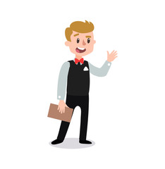 waiter wearing the uniform holding a dish of chicken cartoon character. Set of fun flat cartoon person. Isolated on white background.