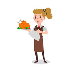 waiter woman wearing the uniform holding a dish of chicken cartoon character. Set of fun flat cartoon person. Isolated on white background.