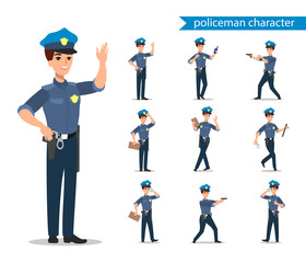 Policeman character set. Full length officer, different views, emotions, gestures, professional tools and attributes. Cartoon flat illustration. Isolated on white background.