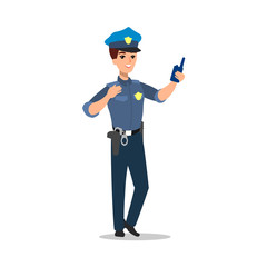 Policeman character set. Full length officer, different views, emotions, gestures, professional tools and attributes. Cartoon flat illustration. Isolated on white background.