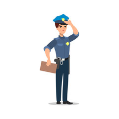 Policeman character set. Full length officer, different views, emotions, gestures, professional tools and attributes. Cartoon flat illustration. Isolated on white background.