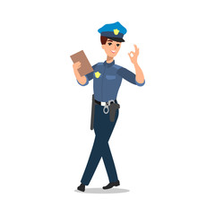 Policeman character set. Full length officer, different views, emotions, gestures, professional tools and attributes. Cartoon flat illustration. Isolated on white background.