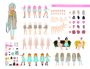  Animate woman character. Young lady personage constructor. Different postures, hairstyle, face, legs, hands, clothes, accessories collection. Set vector person. Girlfriends.Cartoon animated personas