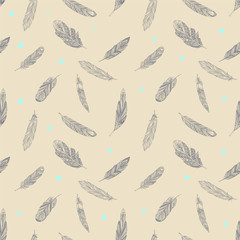 Vector Seamless pattern with ethnic feathers. Tribal Feathers Vintage Pattern. Hand Drawn Doodles.