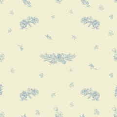 Seamless floral pattern. Hand drawn vector Vintage floral background. Sketch ink illustration. Leaves, flowers and birds.