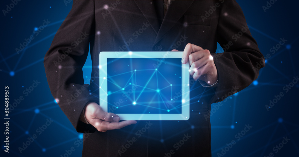 Aufkleber Formal hand in a dark space with virtual connection network concept
