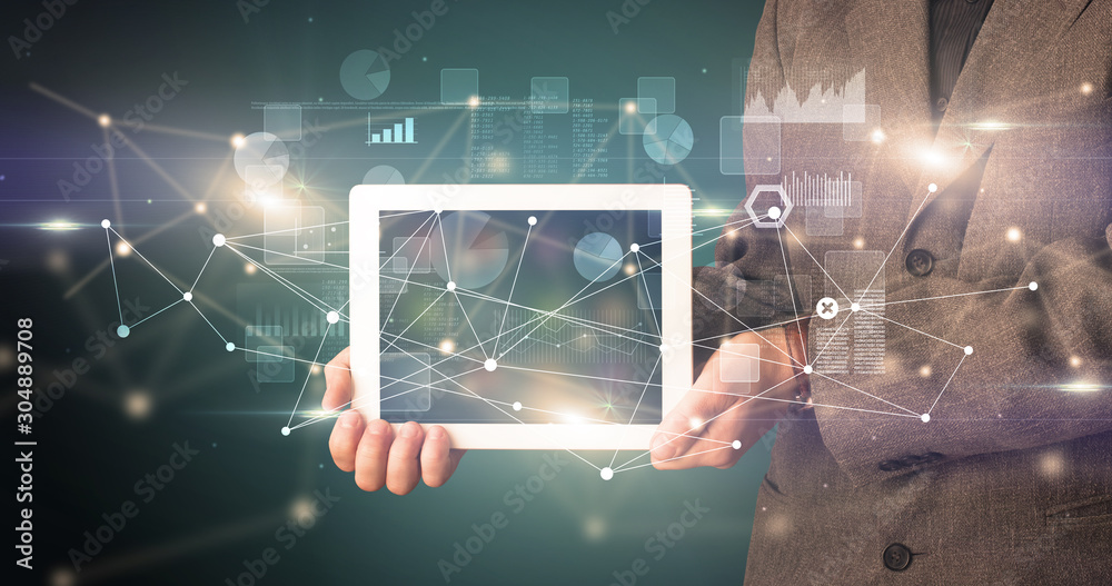 Poster elegant hand holding tablet with virtual database and network concept