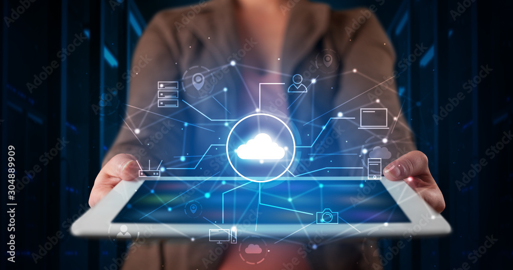 Poster formal hand in server room with virtual workspace concept